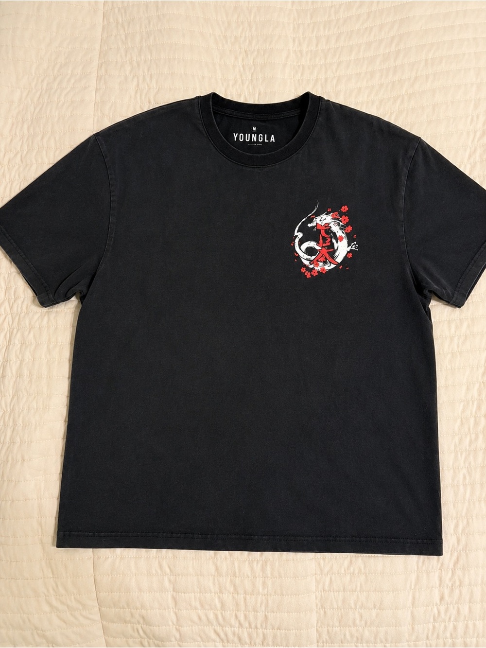 YoungLA Black Crewneck Tee with White & Red Koi Chest Graphic
